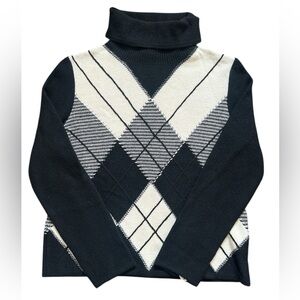 Louis Feraud Cashmere Wool Sweater Argyle Turtleneck 10 Black White NOS NWT $740